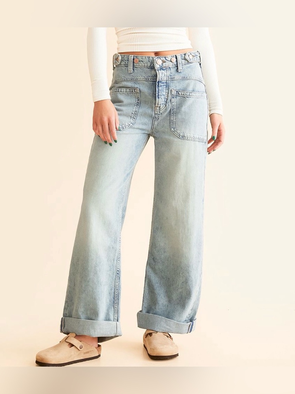 Free People We The Free Palmer Cuffed Wide Leg Jeans Light Wash, 25